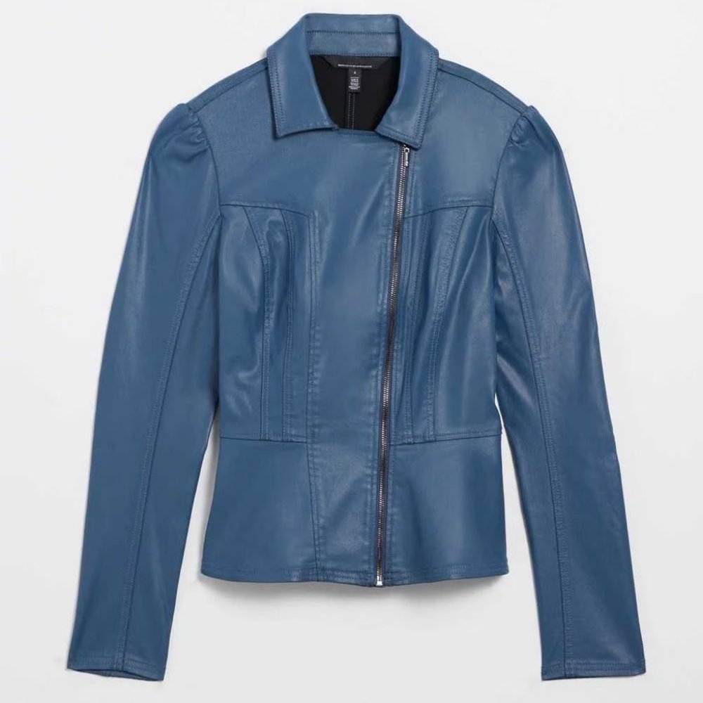 WHBM $200 Coated Denim Peplum Jacket Blue True Indigo - Picture 9 of 10